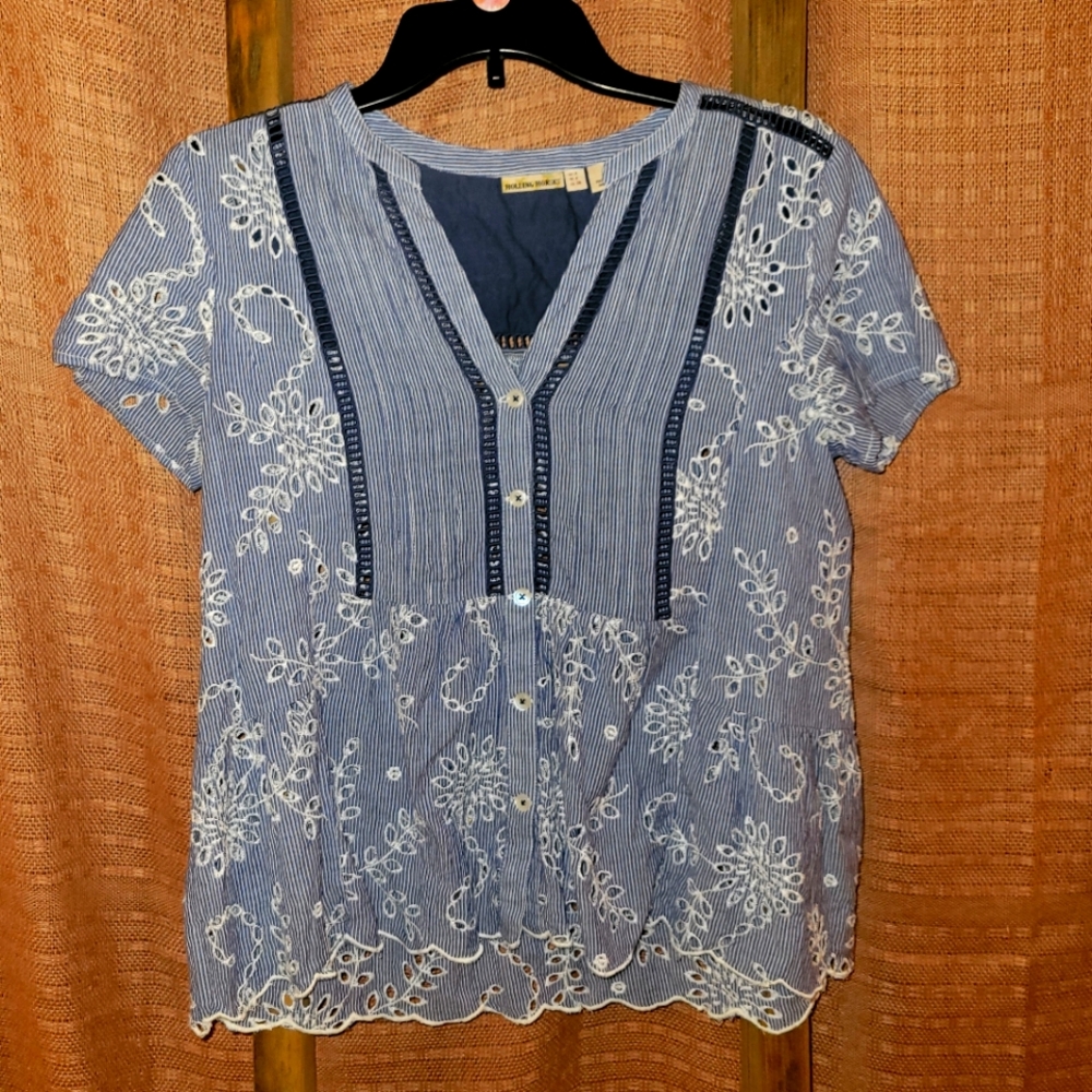 Holding Horses for Anthro Blue & White Eyelet Blue Lace Top